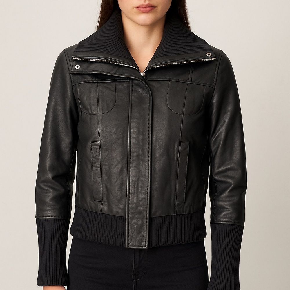 Theory Lanri Stage Black Leather Bomber Jacket Ribbed Sweater Cuffs Size Small